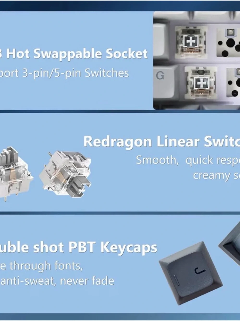 Redragon Wireless Mechanical Keyboard 75% RGB Hot Swap Knob PBT Gray